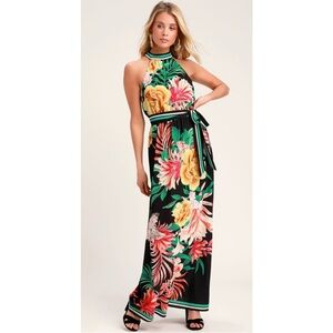 Lulus Tropic of Conversation Black Tropical Print Halter Maxi Dress